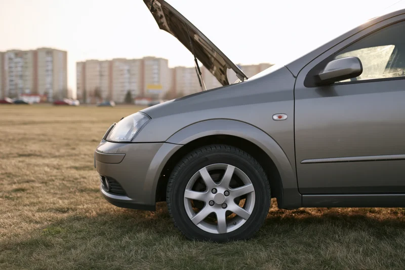 Grey compact hatchback with open hood parked on grassy field