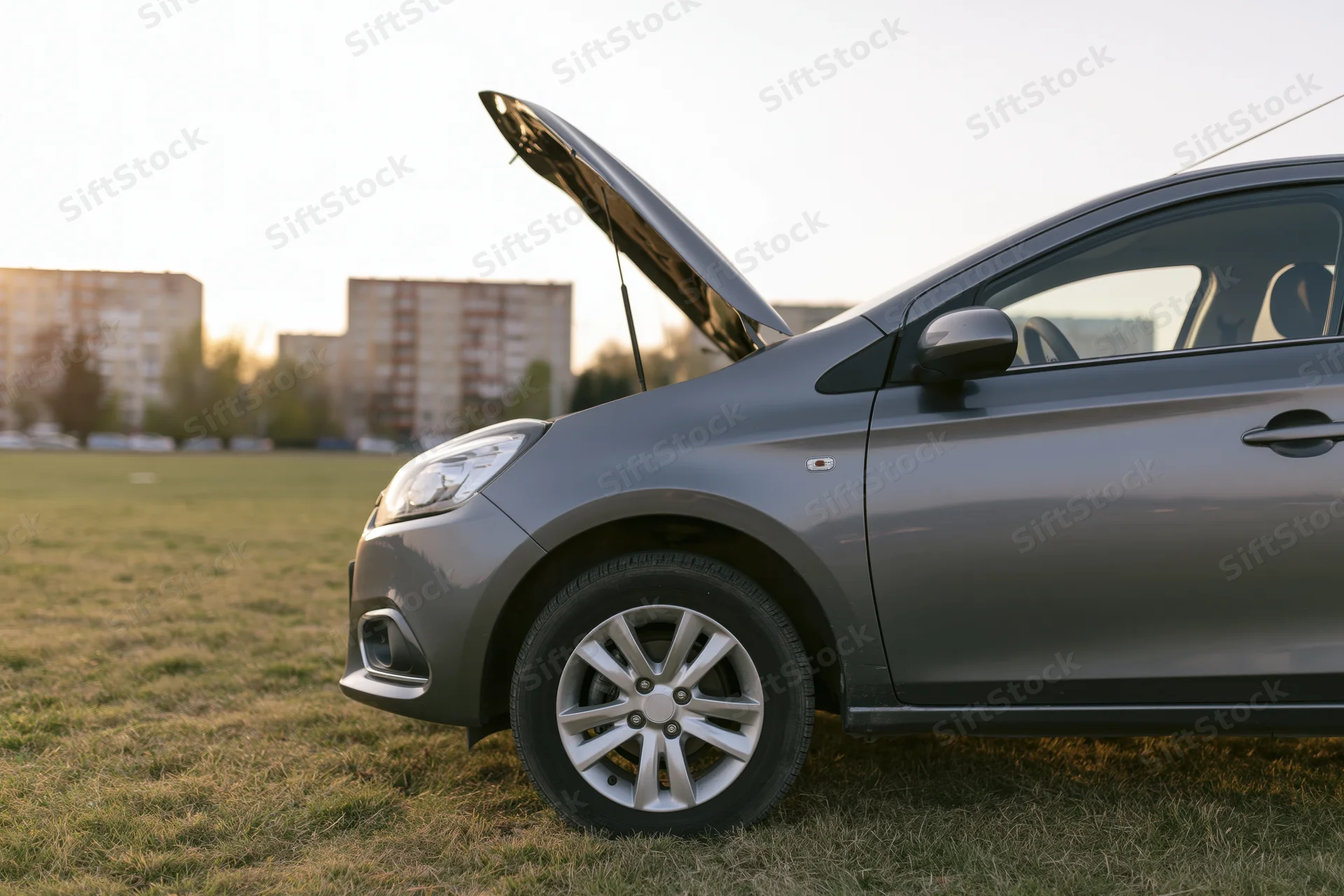 Grey compact hatchback with open hood parked on grassy field near buildings