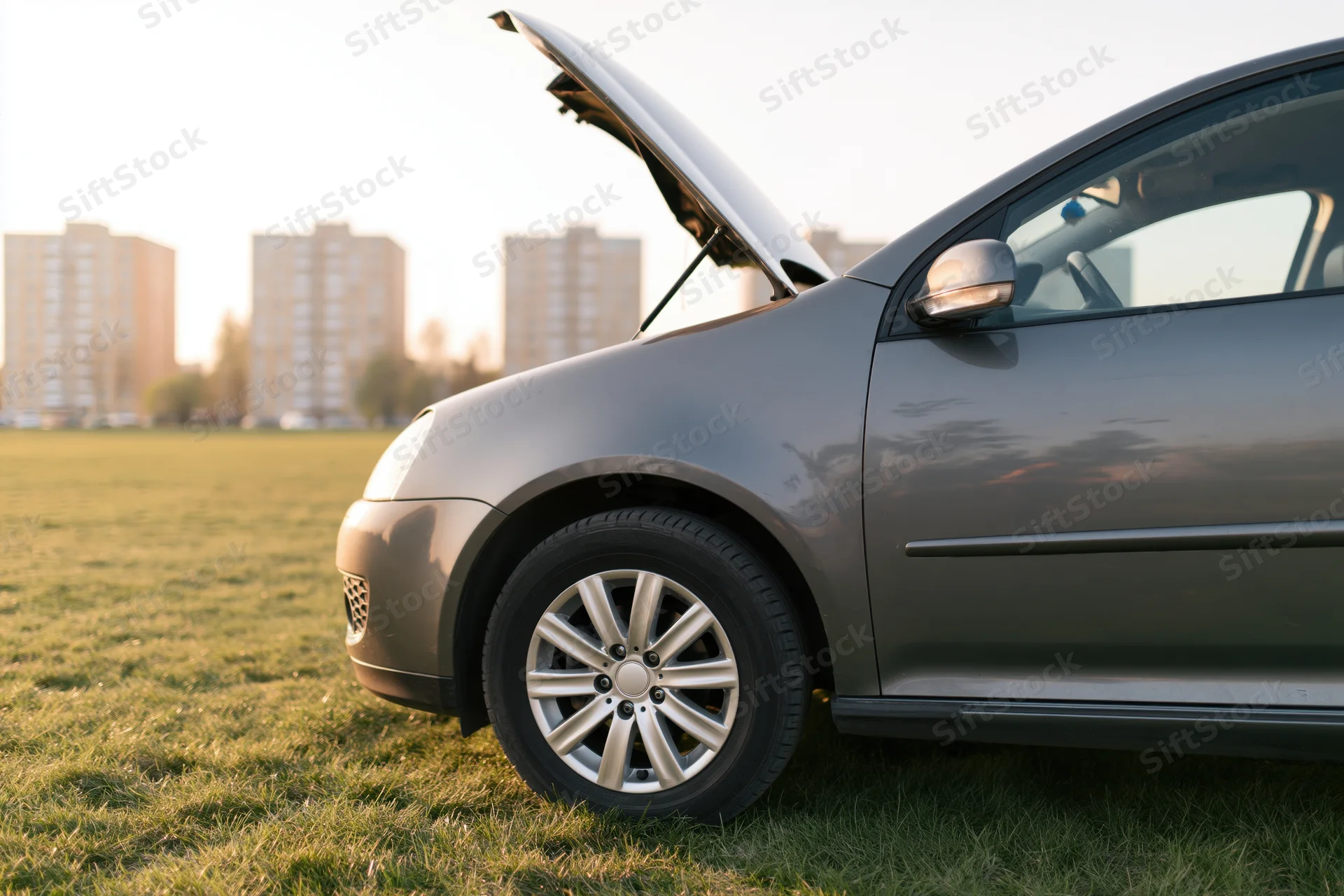 Grey compact hatchback with open hood parked on grassy field near apartment buildings