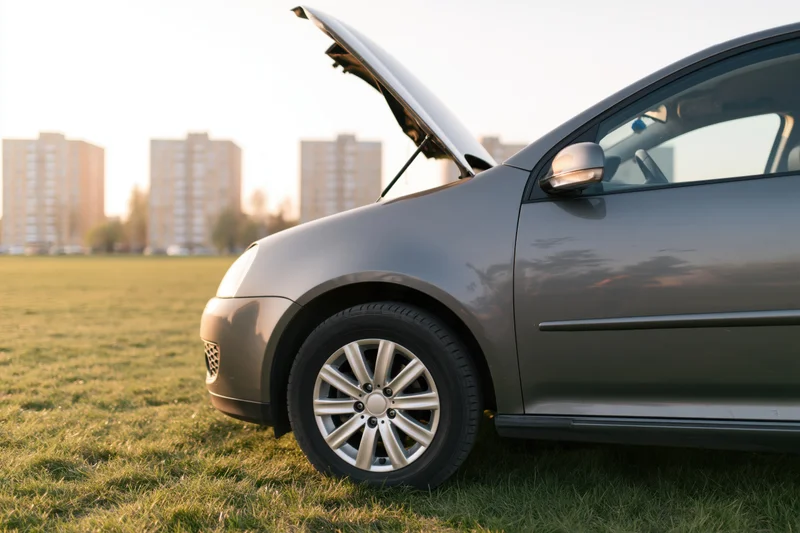 Grey compact hatchback with open hood parked on grassy field near apartment buildings