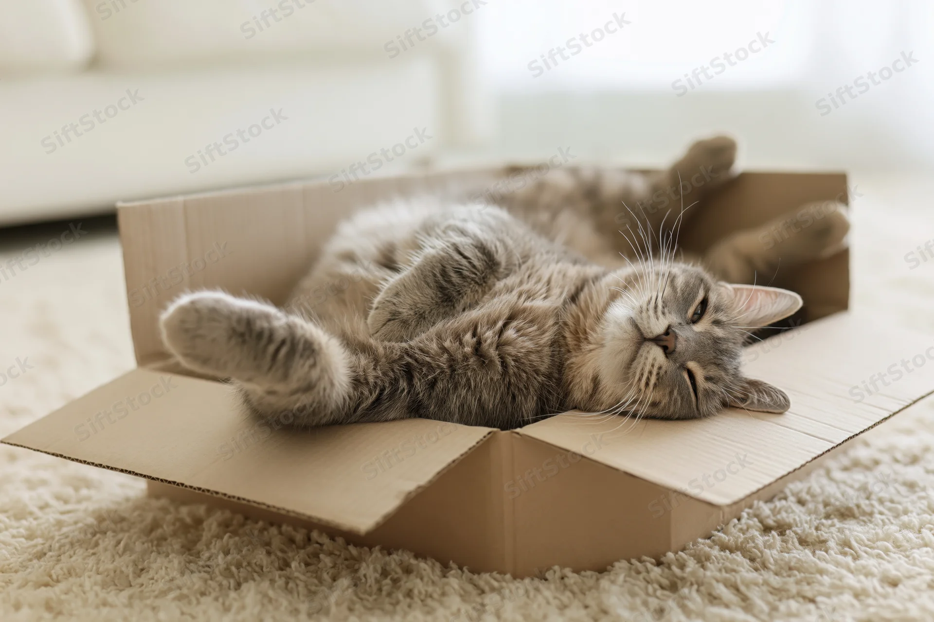 Grey tabby cat lying on its back inside an open cardboard box on a carpeted floor