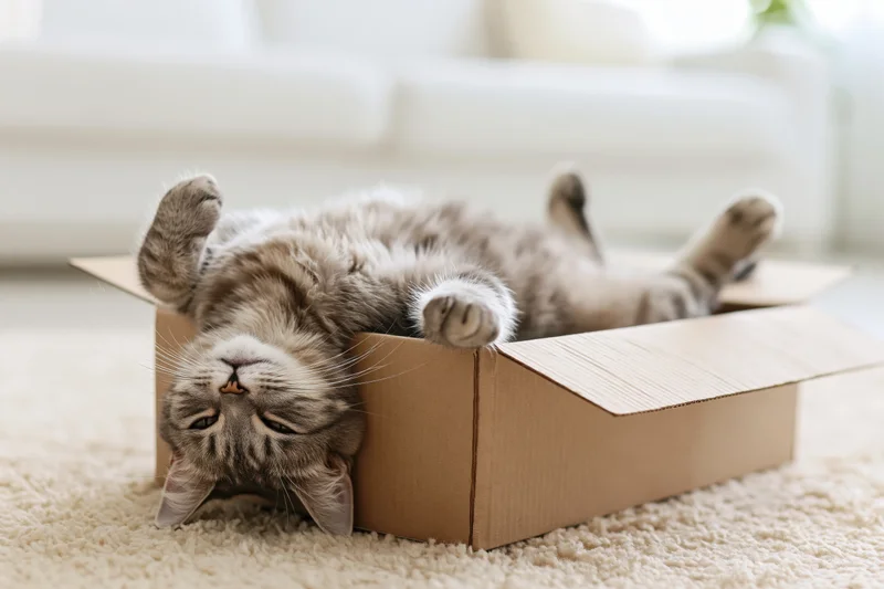 Grey tabby cat lying on its back inside an open cardboard box on a beige carpet in a living room