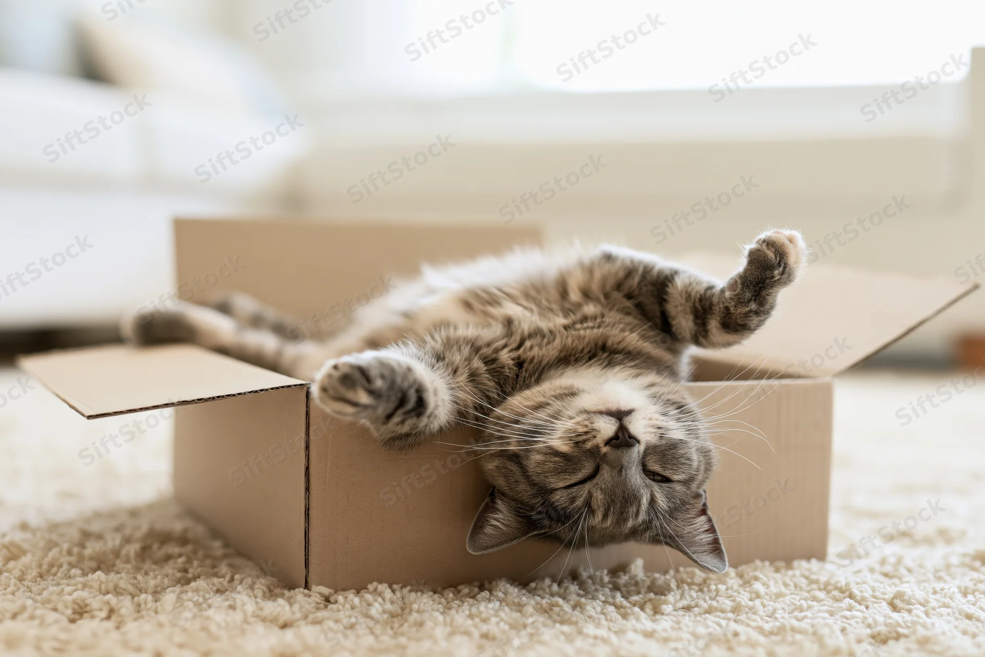 Grey tabby cat lying on its back inside an open cardboard box on a carpeted floor
