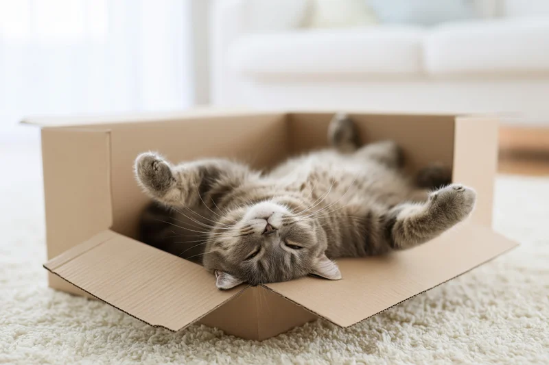 Grey tabby cat lying on its back inside an open cardboard box on a carpeted floor