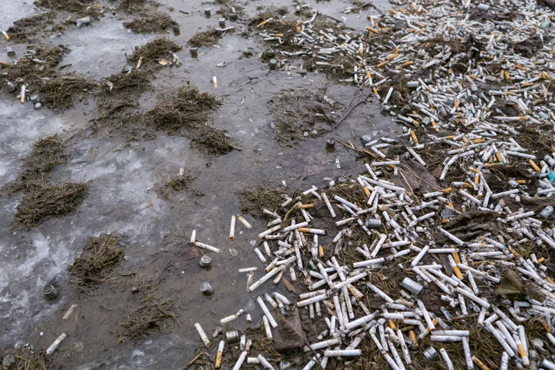 Cigarette butts and debris scattered across a muddy, icy urban ground surface