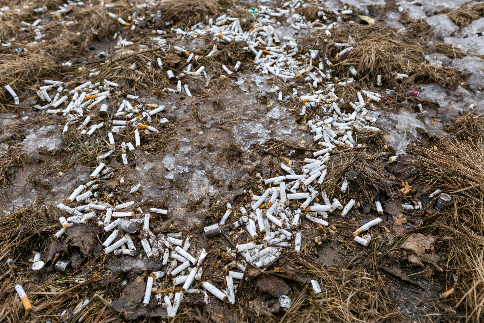 Cigarette butts scattered across muddy ground with patches of ice and dry grass in an urban area