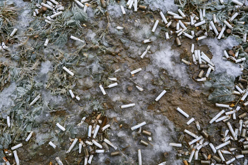 Cigarette butts and litter scattered across a frost-covered urban ground with dead vegetation