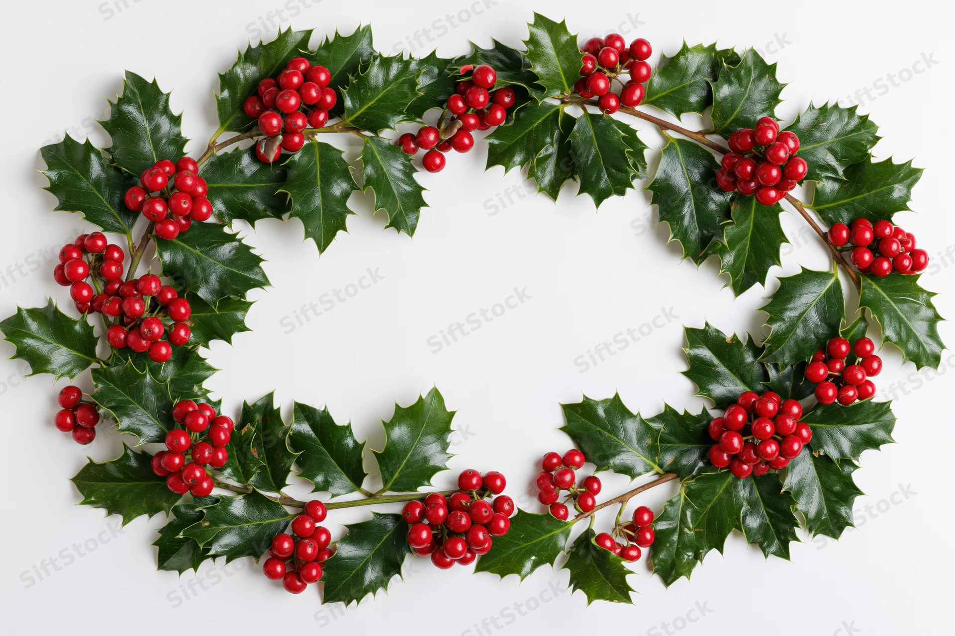 Holly wreath with red berries and green leaves arranged in a circle on white background