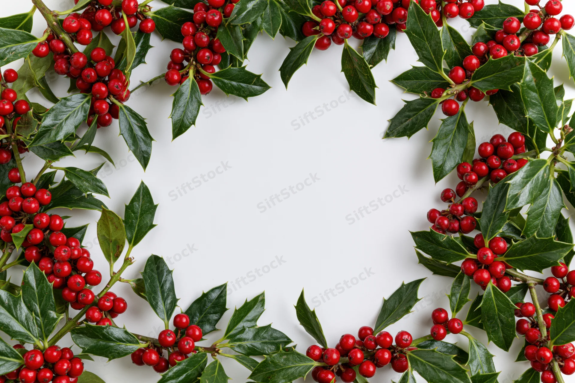 Holly branches with red berries arranged in a frame on white background