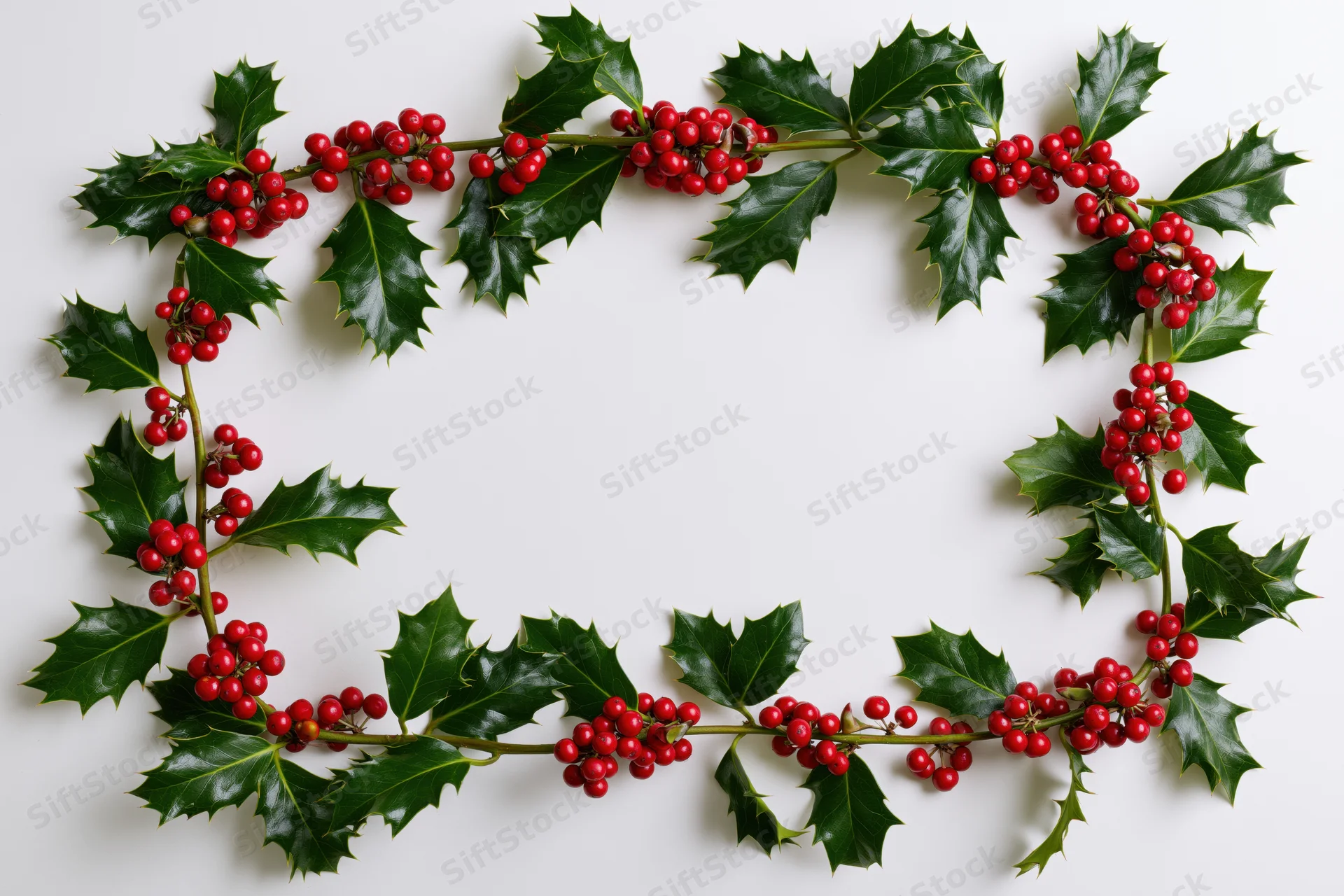 Holly branches with red berries arranged in a rectangular frame on white background