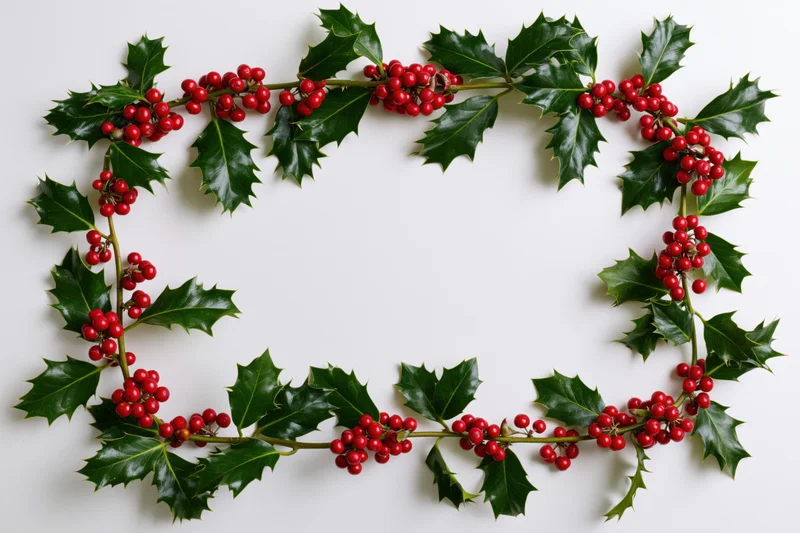 Holly branches with red berries arranged in a rectangular frame on white background