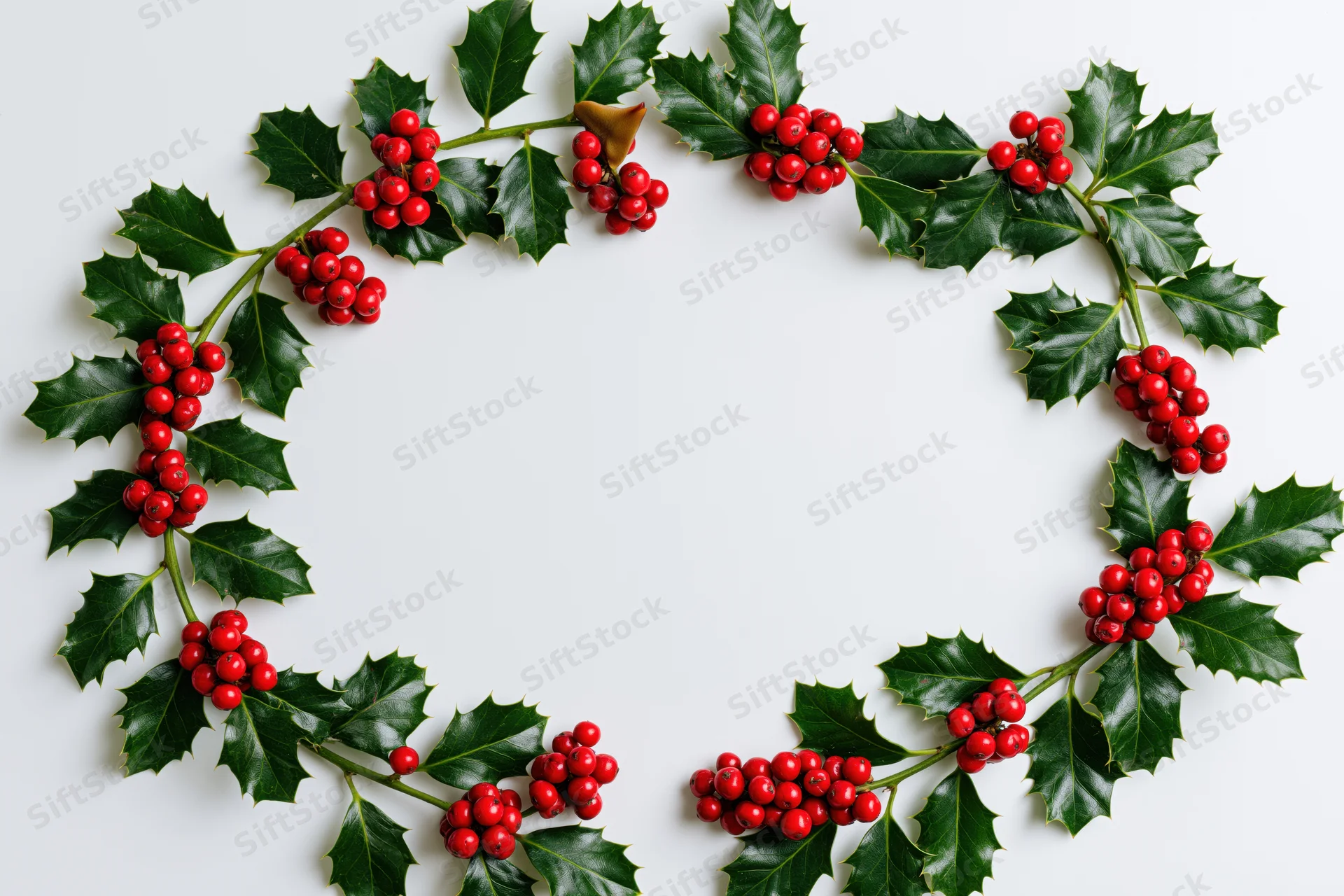 Holly wreath with red berries and green leaves arranged in a circle on white background