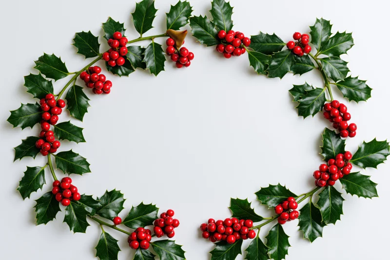 Holly wreath with red berries and green leaves arranged in a circle on white background