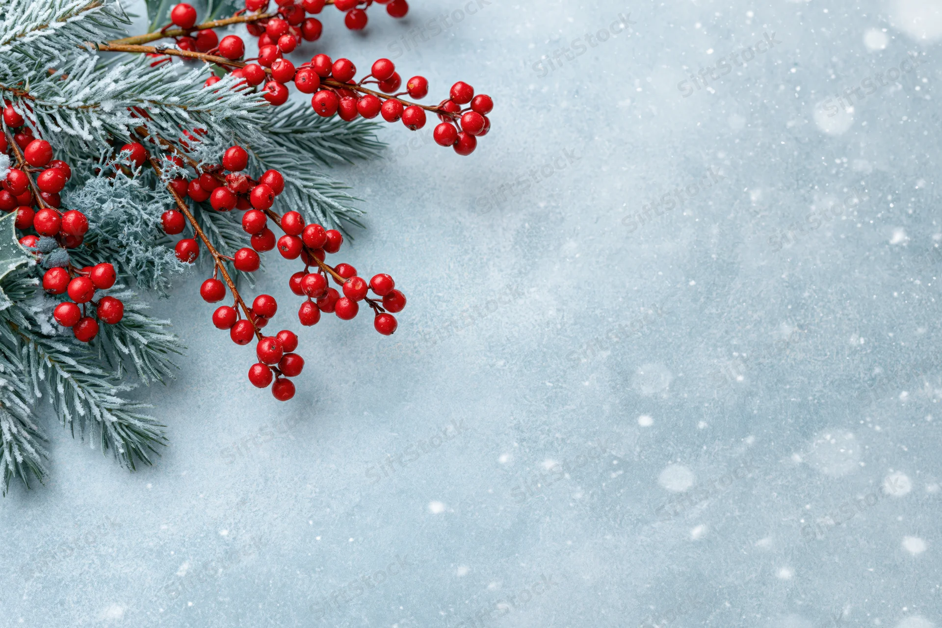 Frosted pine and holly branches with red berries on snowy surface