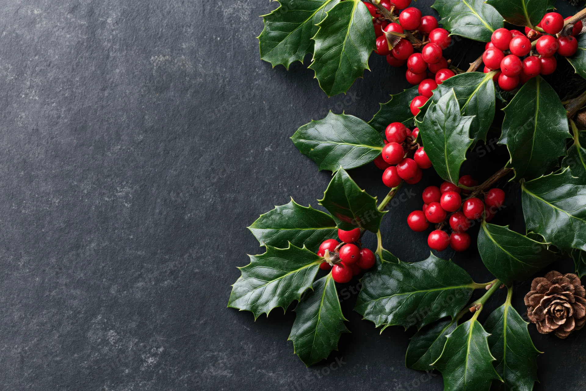 Holly branches with red berries and a pinecone arranged on a dark slate surface
