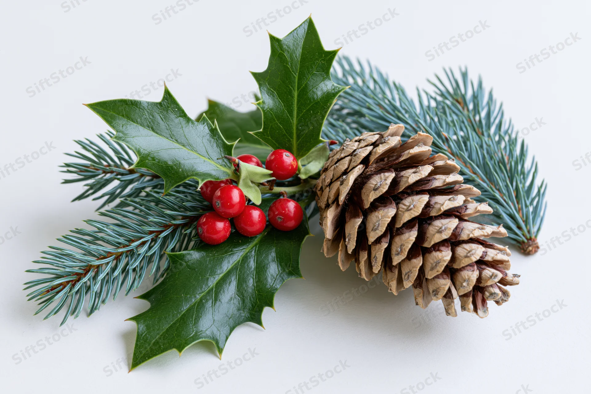 Holly sprig with red berries and pinecone on white background