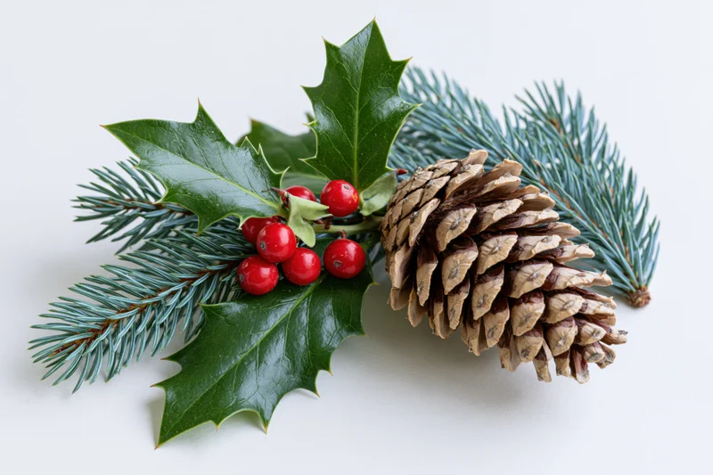 Holly sprig with red berries and pinecone on white background