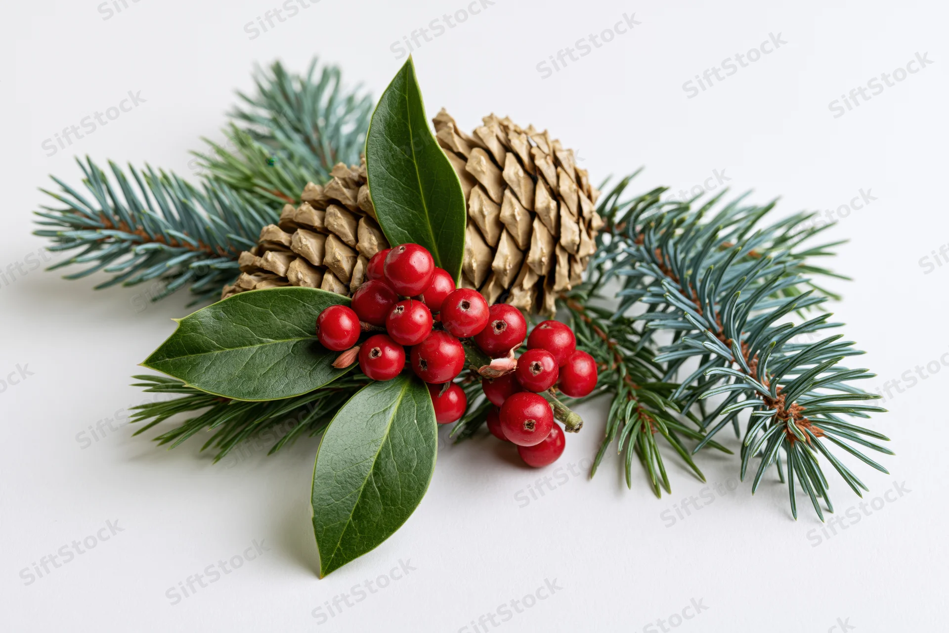 Holly sprig with red berries and pinecone on white background