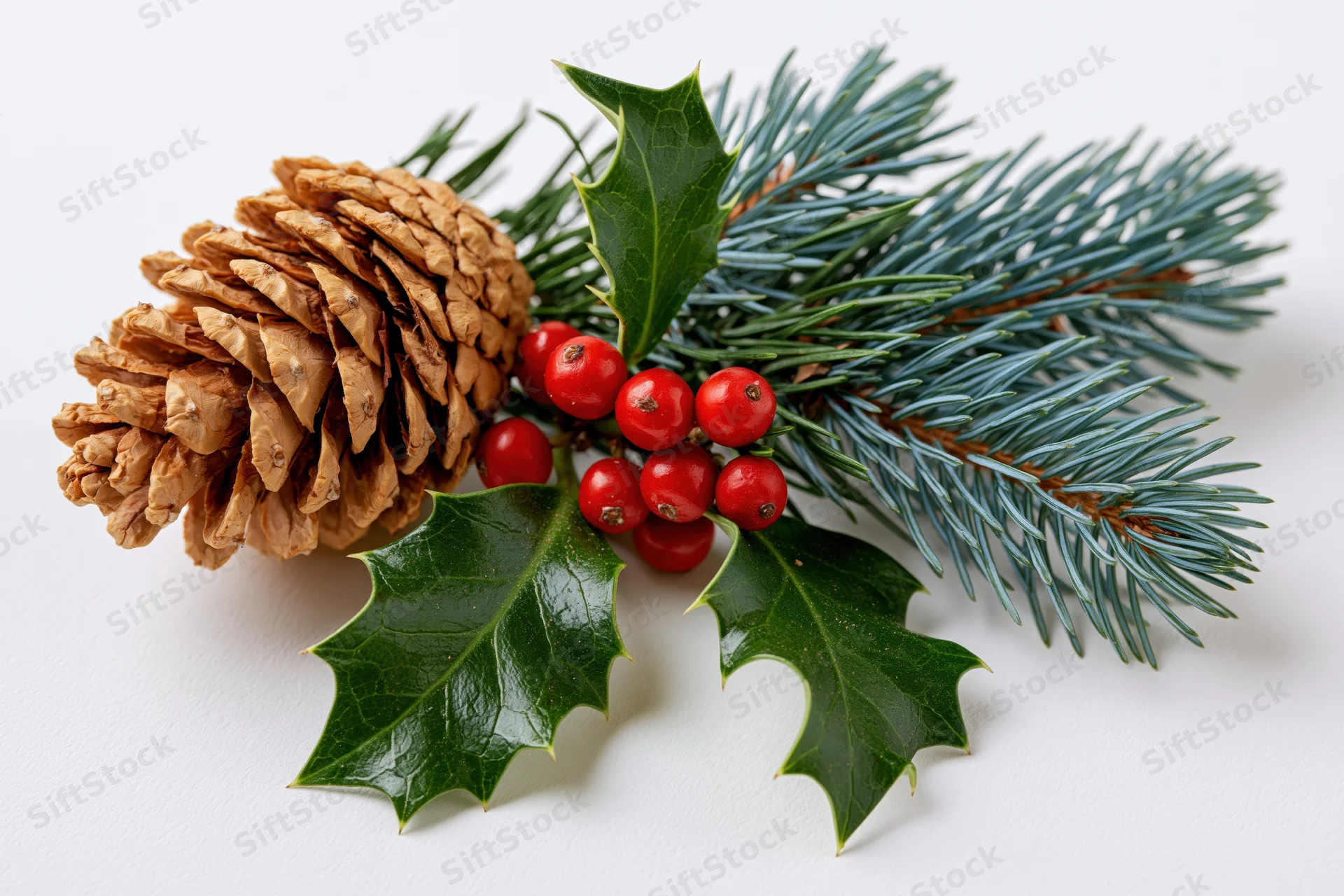 Holly sprig with red berries and pinecone on white background