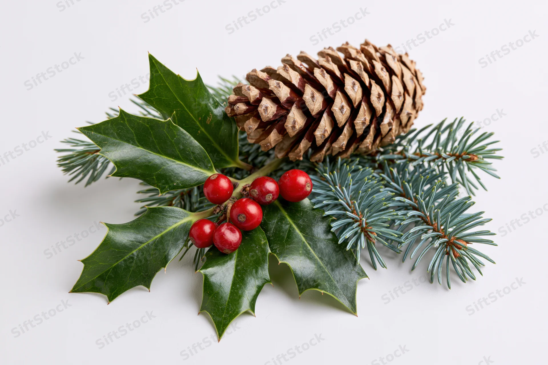 Holly sprig with red berries and pinecone on white background