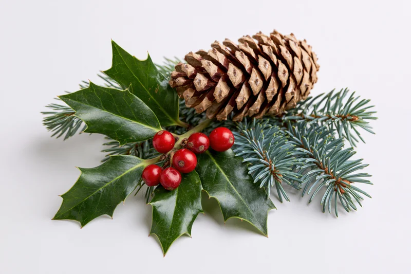 Holly sprig with red berries and pinecone on white background