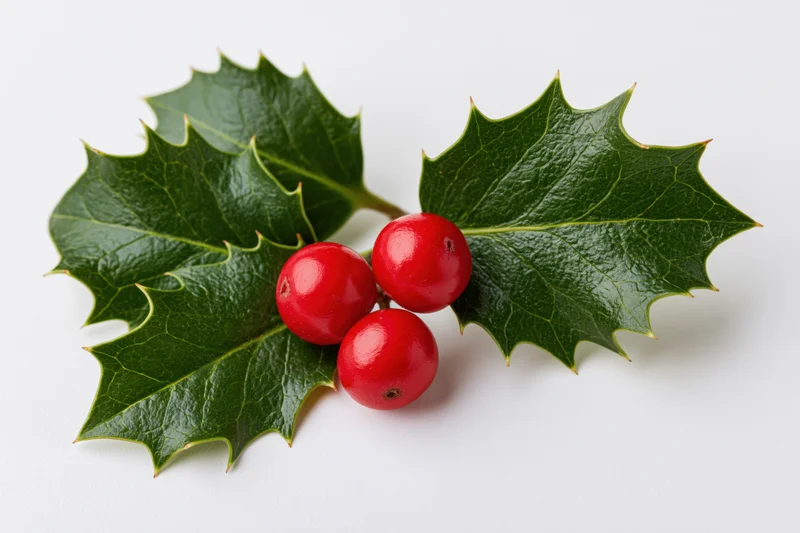 Holly sprig with three red berries resting flat on white background