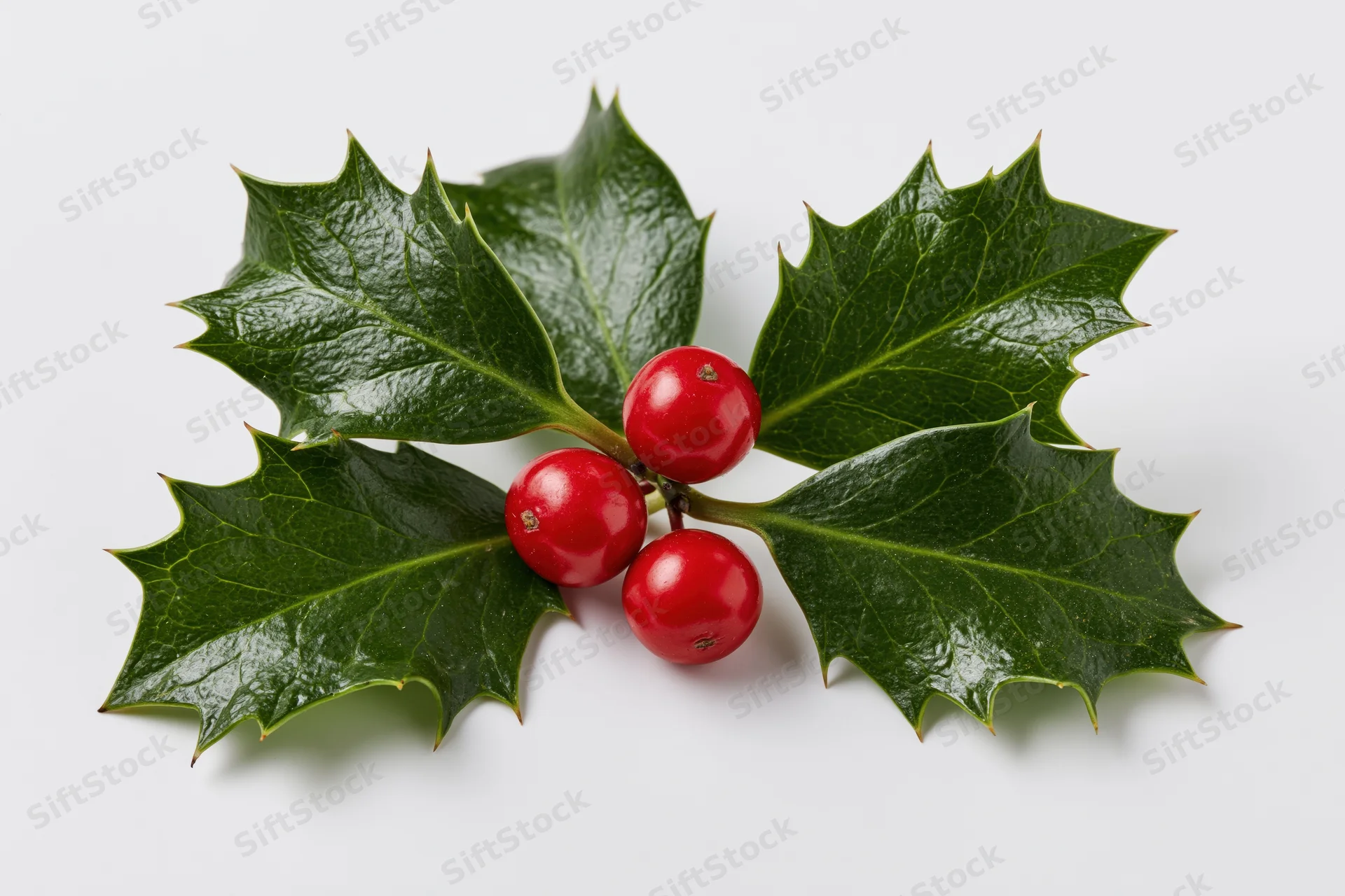 Holly sprig with three red berries resting flat on white background