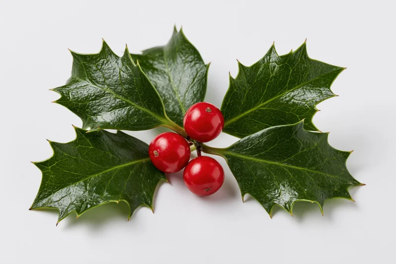 Holly sprig with three red berries resting flat on white background