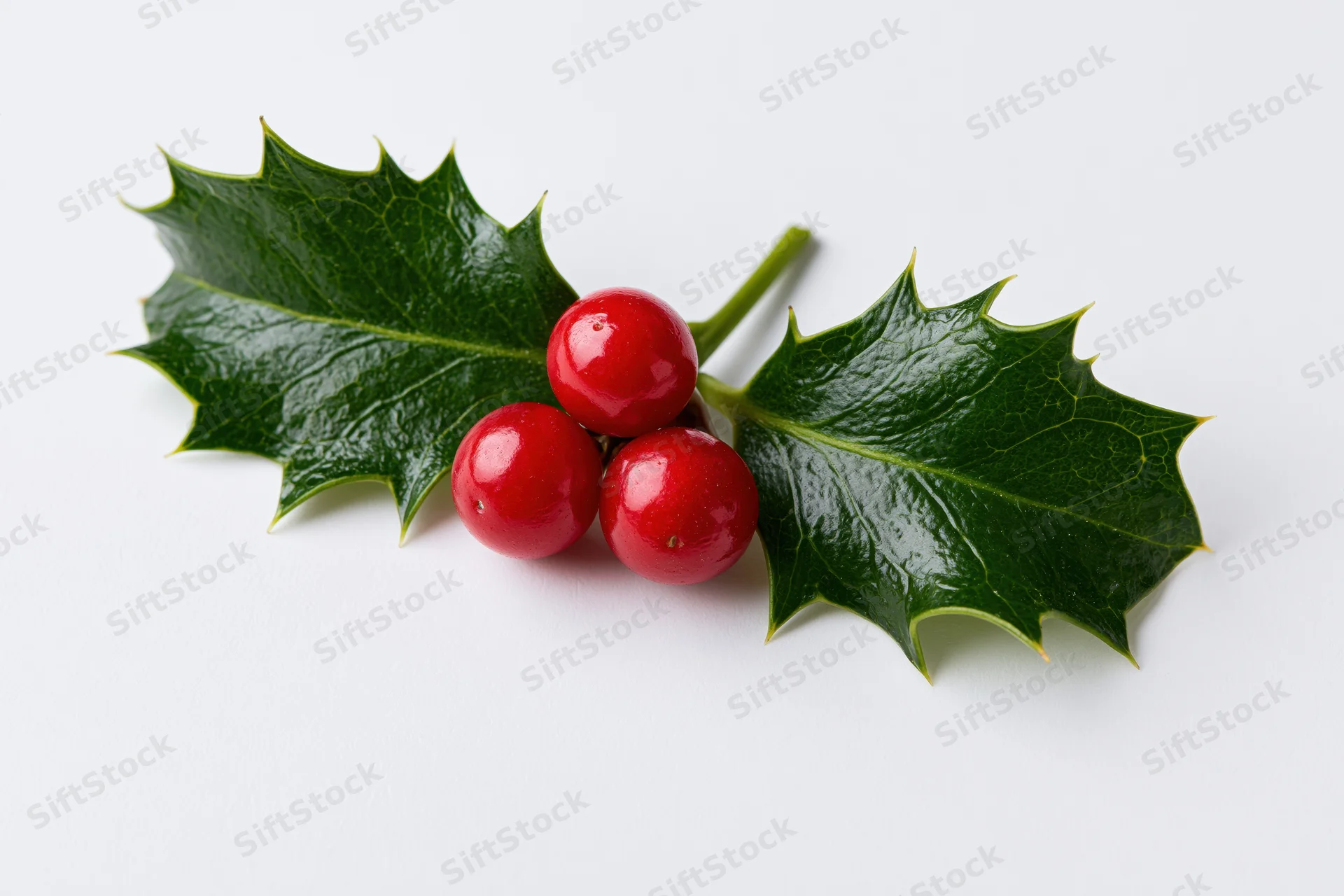 Holly sprig with three red berries resting flat on white background