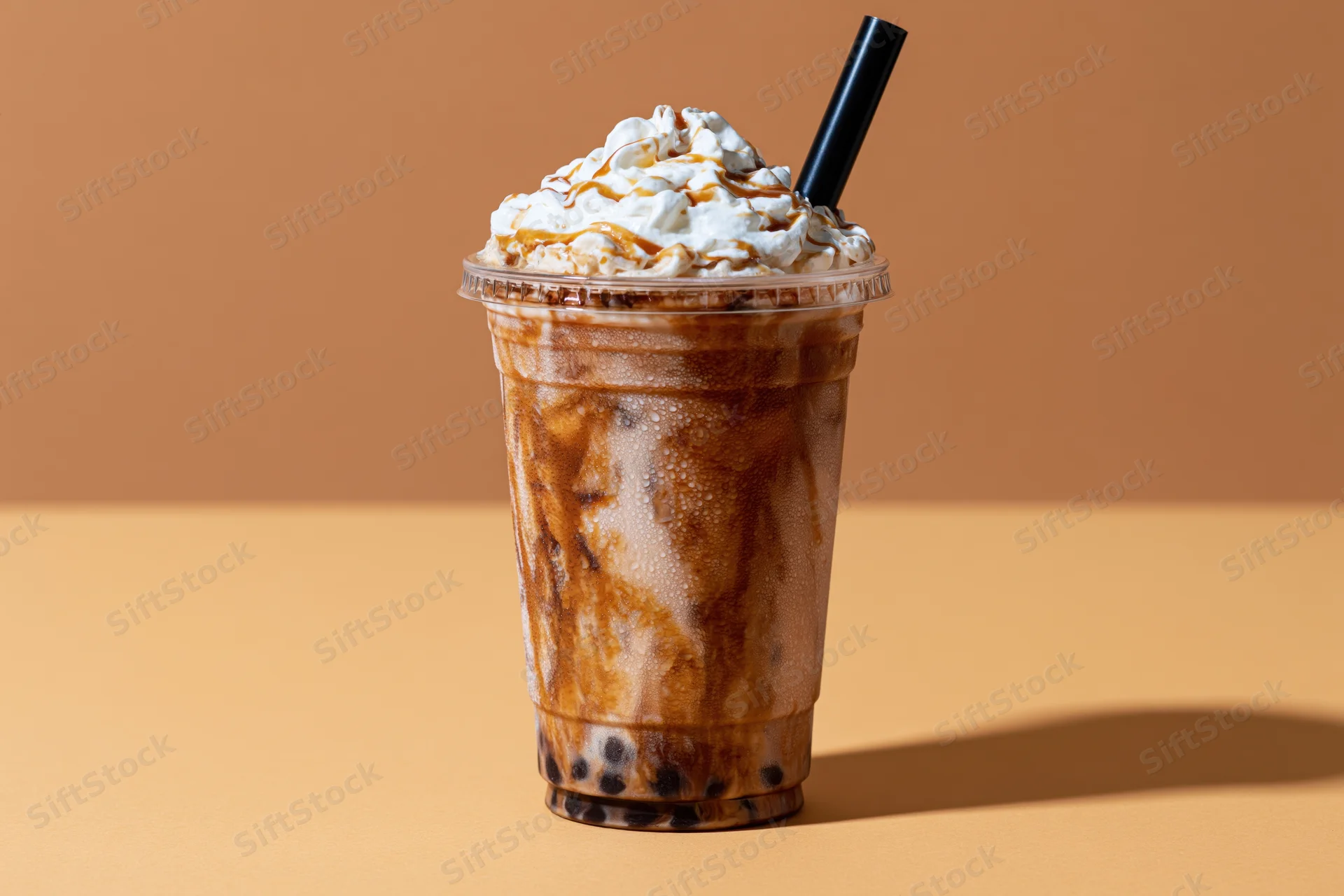 Iced coffee drink with whipped cream and caramel in a clear plastic cup with black straw on a warm-toned surface