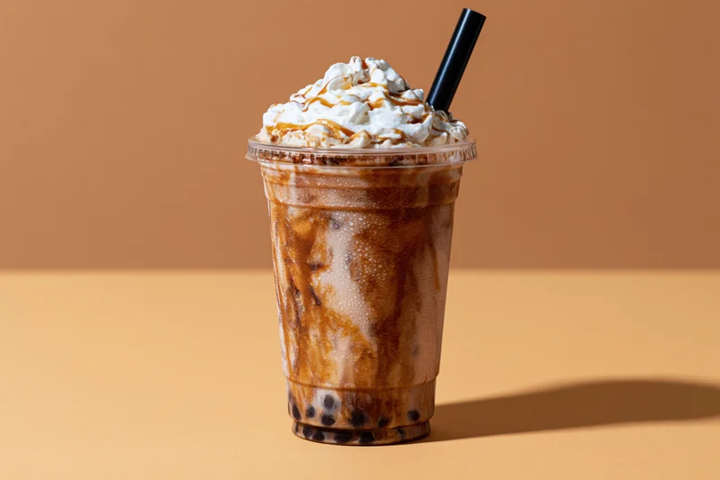 Iced coffee drink with whipped cream and caramel in a clear plastic cup with black straw on a warm-toned surface