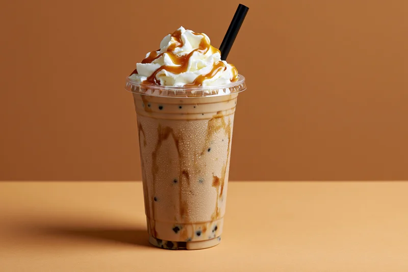 Iced coffee drink in a clear plastic cup with whipped cream and caramel sauce, topped with boba pearls, on a brown surface