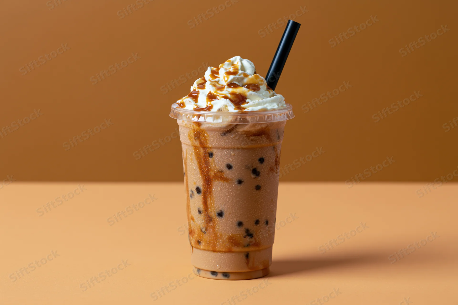 Iced coffee drink in a clear plastic takeaway cup with whipped cream and caramel topping on a brown surface