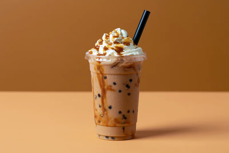 Iced coffee drink in a clear plastic takeaway cup with whipped cream and caramel topping on a brown surface