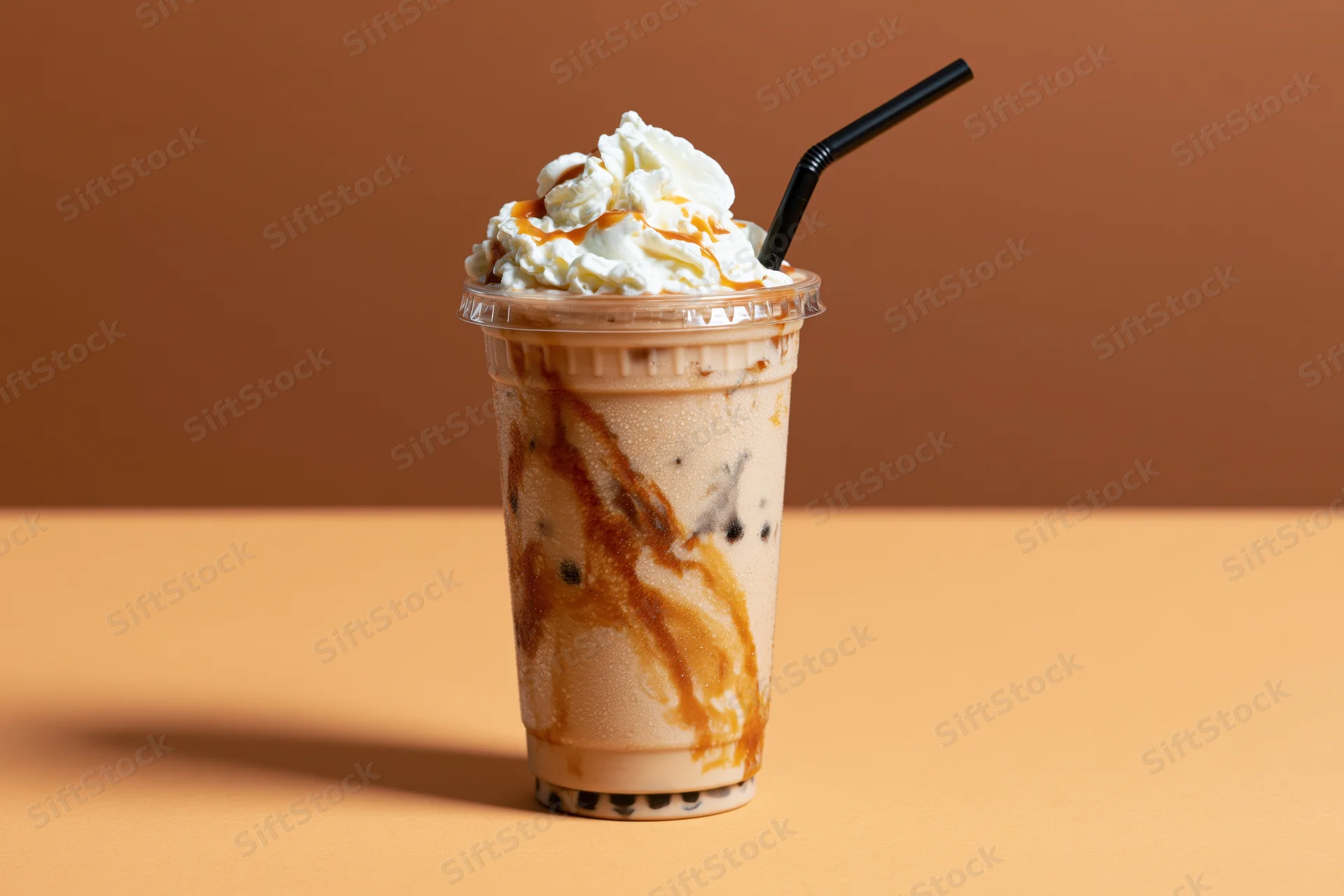 Iced coffee drink with whipped cream and caramel in a clear plastic takeaway cup on a warm-toned surface