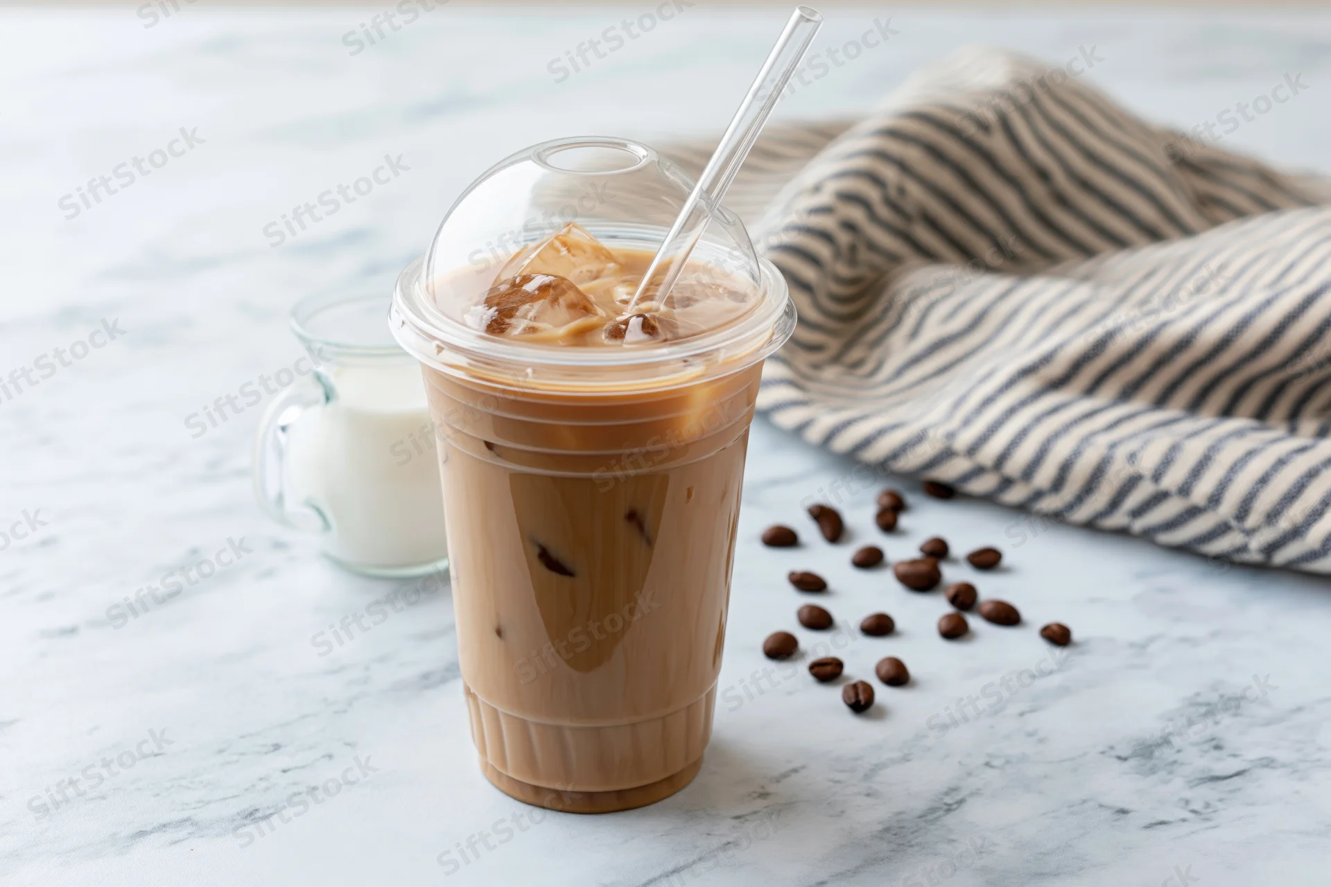 Iced coffee in a clear plastic takeaway cup with a domed lid on a marble countertop beside coffee beans and a milk jug