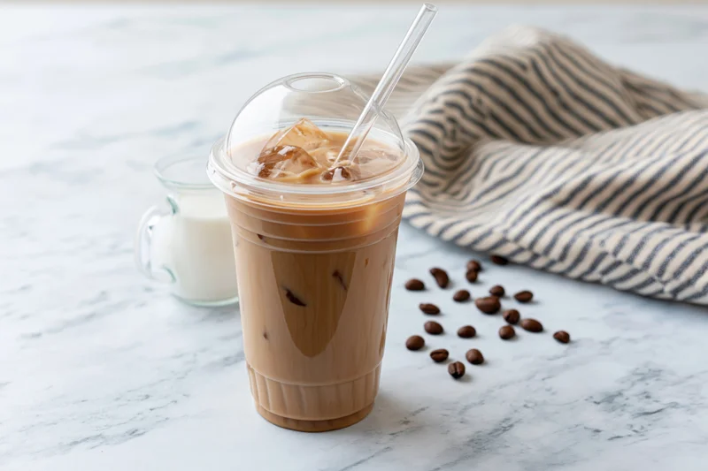 Iced coffee in a clear plastic takeaway cup with a domed lid on a marble countertop beside coffee beans and a milk jug