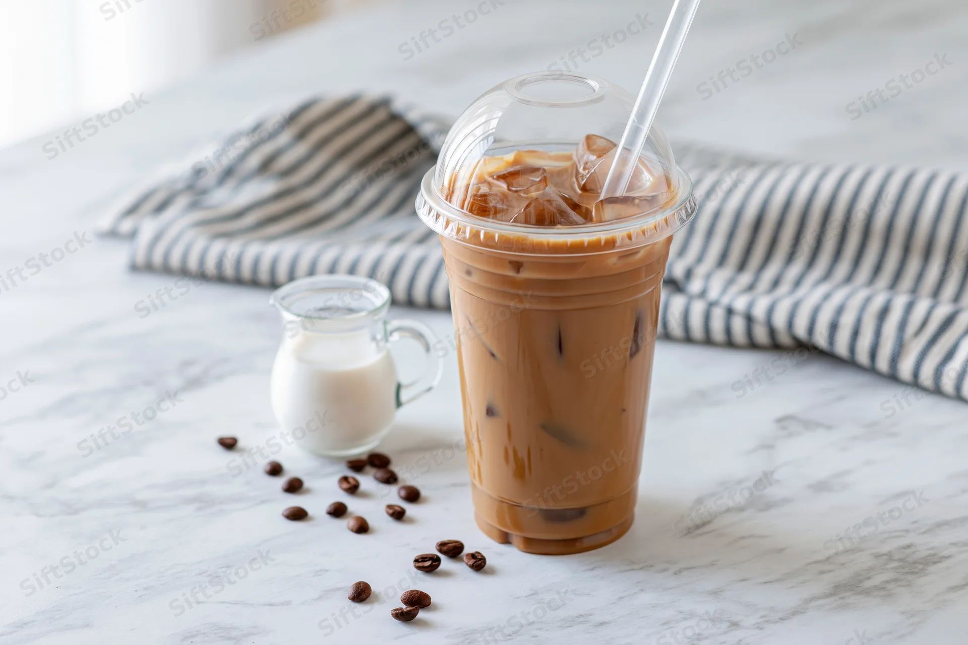 Iced coffee in a clear plastic takeaway cup with a domed lid on a marble countertop beside a small glass jug of milk and scattered coffee beans