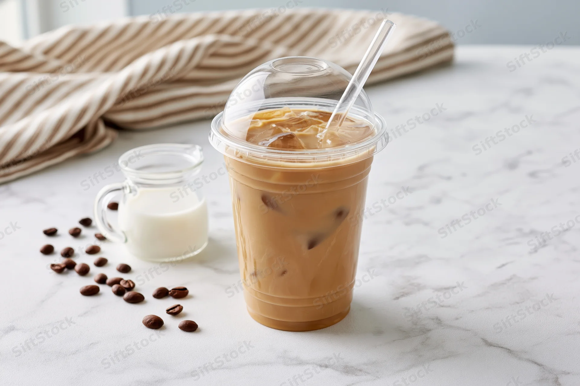 Iced coffee in a clear plastic takeaway cup with a domed lid on a marble countertop beside a small glass jug of milk and scattered coffee beans