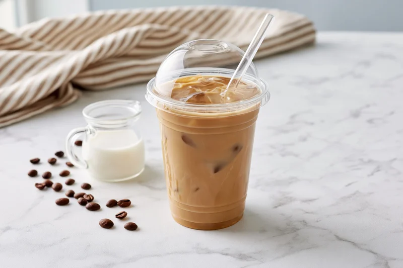 Iced coffee in a clear plastic takeaway cup with a domed lid on a marble countertop beside a small glass jug of milk and scattered coffee beans