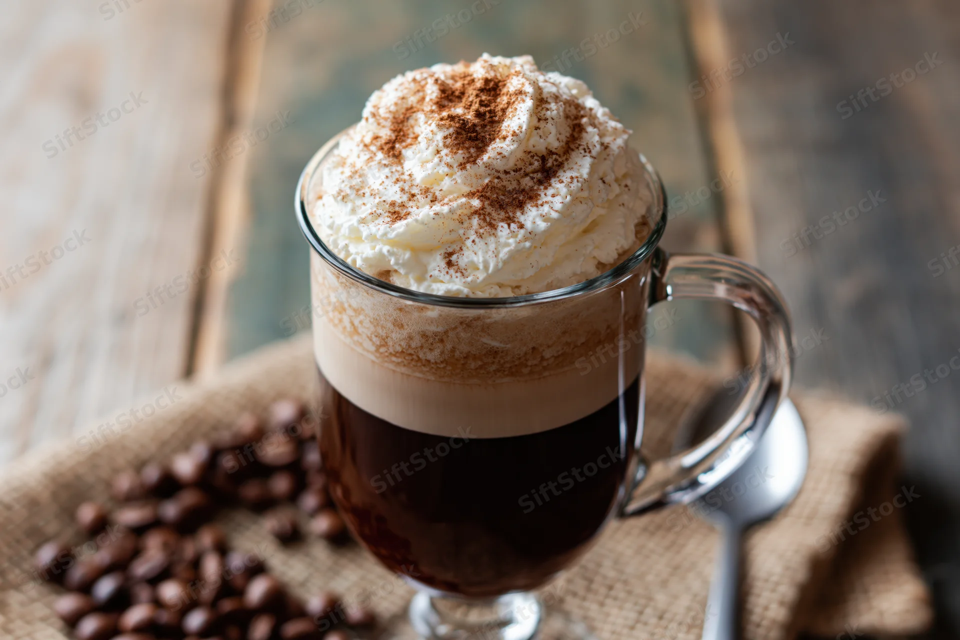 Tall glass mug of layered irish coffee with whipped cream and cinnamon on a wooden table with coffee beans and a spoon