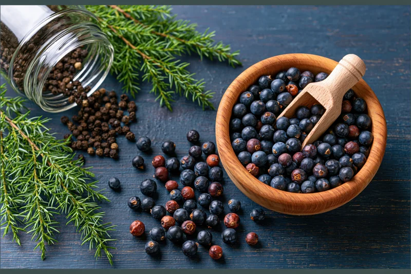 Juniper berries in a wooden bowl with a small wooden scoop on a dark wooden surface surrounded by evergreen branches and scattered peppercorns