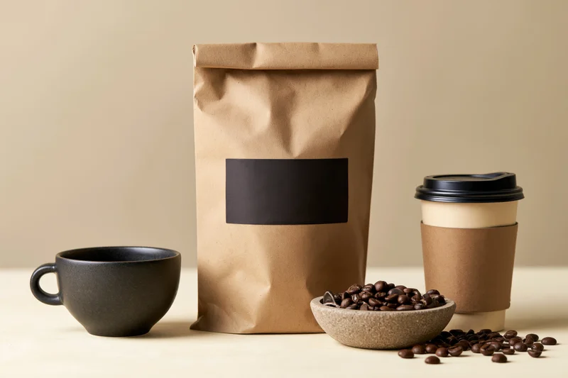 Kraft paper coffee bag with blank black label, ceramic mug, takeaway cup, and scattered beans on beige surface