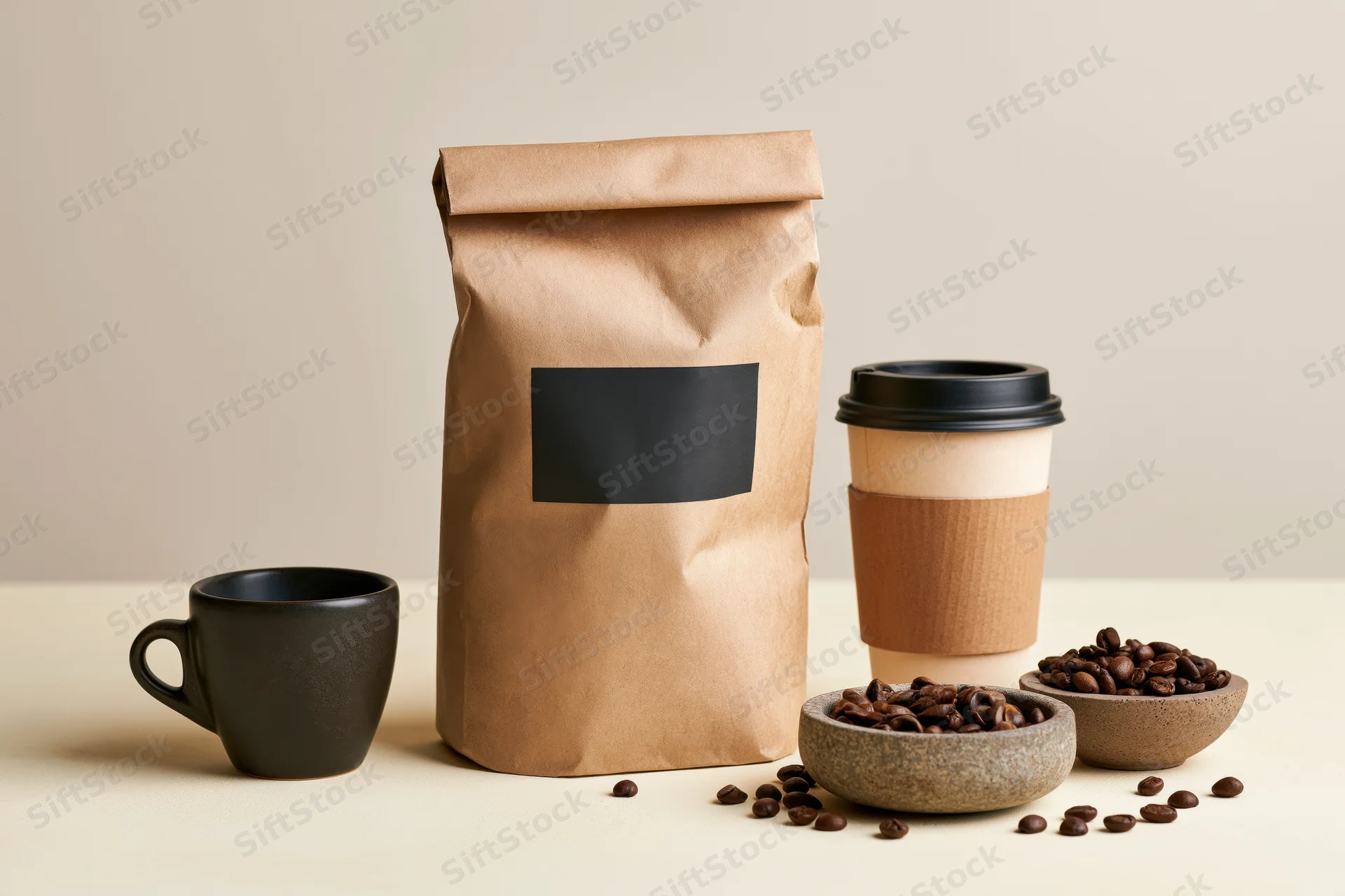 Kraft paper coffee bag with blank black label standing upright beside ceramic mug, takeaway cup, and bowls of roasted beans on light surface