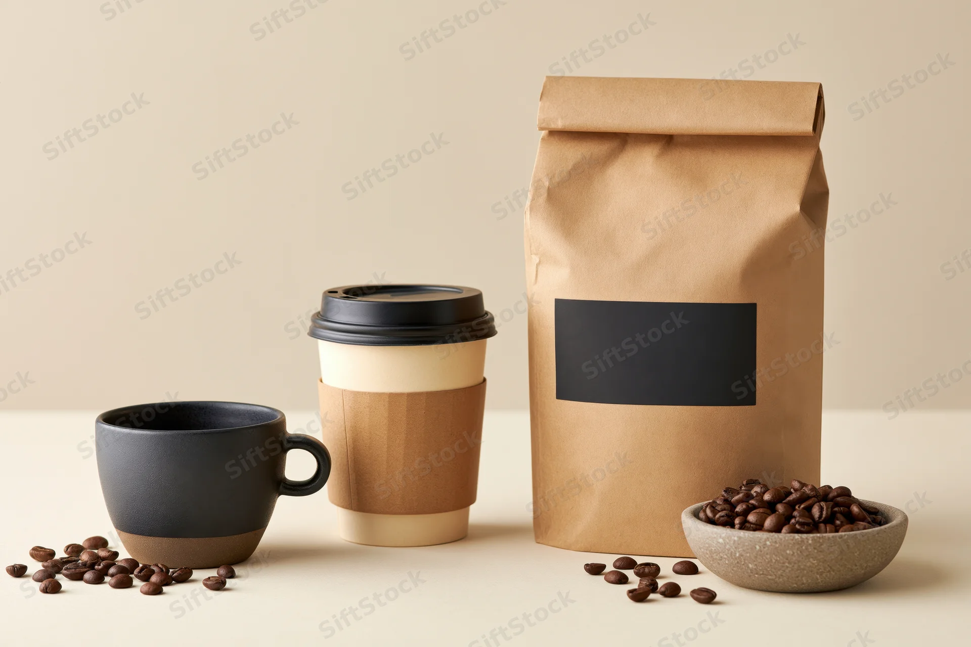 Kraft paper coffee bag with blank label, takeaway cup, ceramic mug and bowl of beans arranged on neutral surface