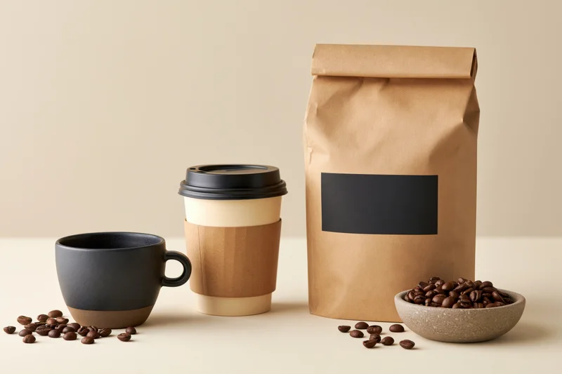 Kraft paper coffee bag with blank label, takeaway cup, ceramic mug and bowl of beans arranged on neutral surface