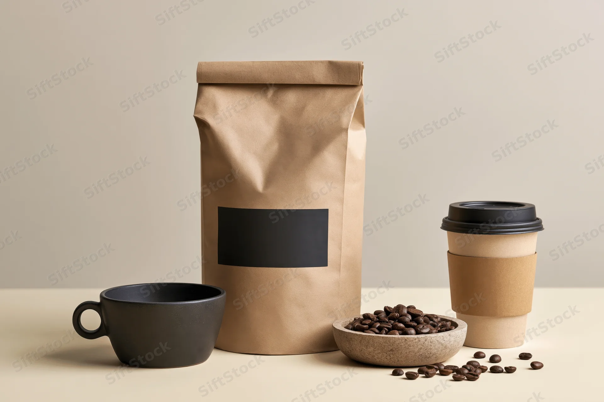 Kraft paper coffee bag with blank black label standing beside a ceramic mug, takeaway cup, and bowl of coffee beans on a neutral surface