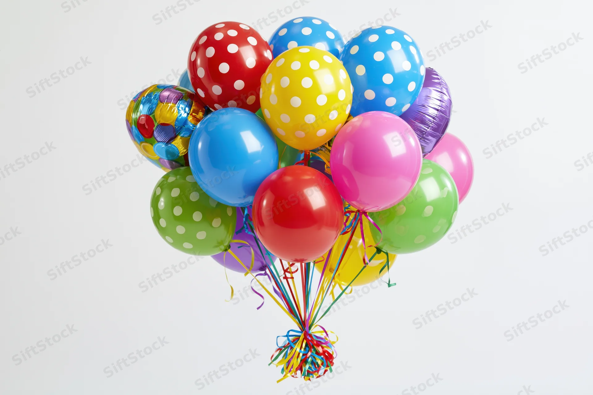 Colorful party balloons clustered together on white background