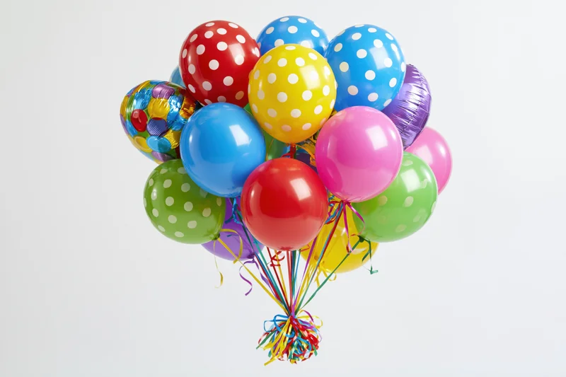 Colorful party balloons clustered together on white background