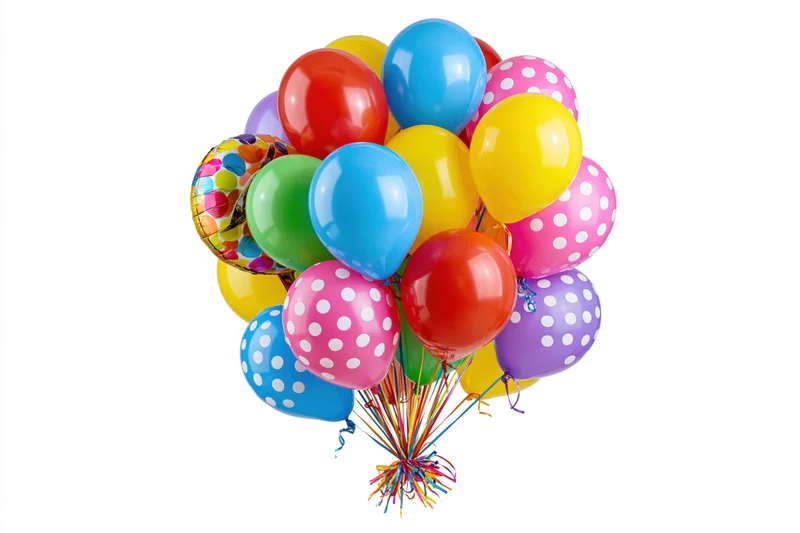 A large cluster of colorful party balloons tied together with ribbons against a white background